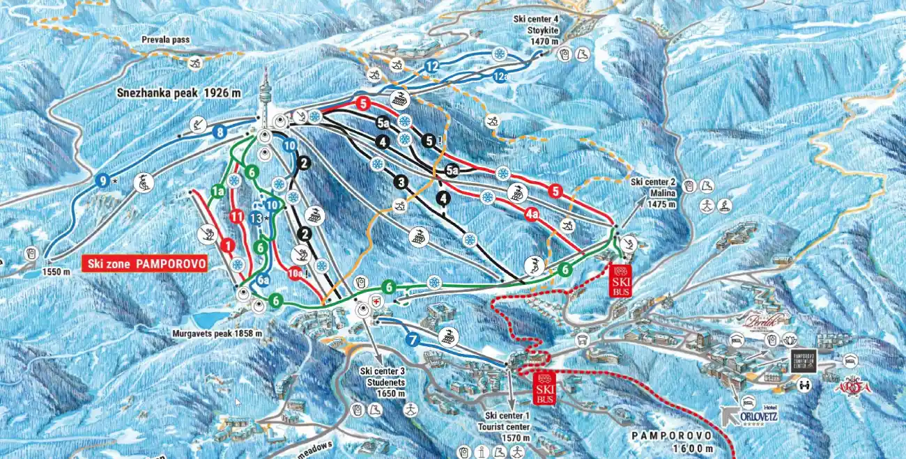 Mapa de las pistas de esquí de Pamporovo